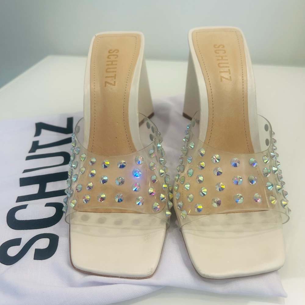 SCHUTZ Lizah Crystal Embellished Square Toe Mule Sandals Size 7